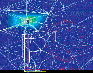 Электрическое поле вблизи антенны, состоящей из секции с редким шагом и секции с частым шагом. Сверху виден штырь. Разбиение на тетраэдры показано в вертикальном сечении всего анализируемого пространства. Справа видны контуры сферы - модели головы