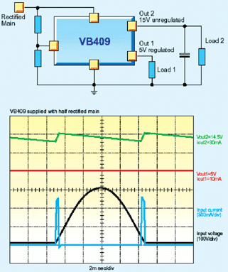 Схема включения VB409 и осциллограммы напряжений и токов на микросхеме