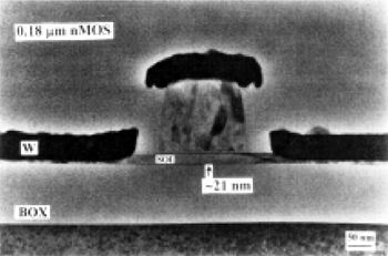 МОП-транзистор с длиной канала 0,18 мкм, выполненный на плёнке кремния толщиной 21 нм без наращивания толщины областей истока-стока