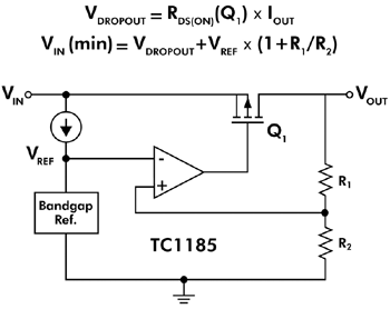 В этой упрощённой схеме LDO стабилизатора TC1185 используется униполярный полевой МОП-транзистор Q1