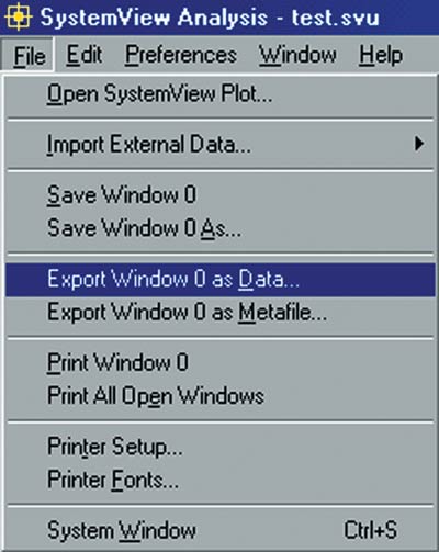 Меню File в окне Analis Window