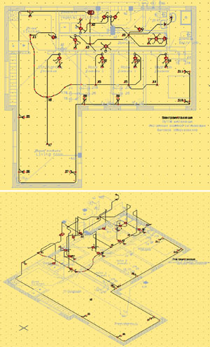 Схема электроинсталляции в плане помещения и её изометрический чертёж
