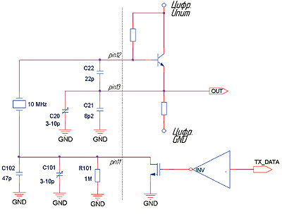 Схема кварцевого генератора с навесными компонентами для частоты 10 МГц и входной ёмкости кристалла 15 пФ