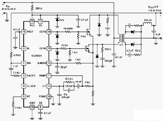 Типовая схема 1,5-МГц 50-Вт DC/DC-преобразователя на UC28025