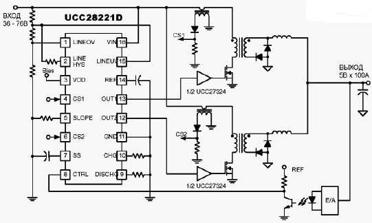 Упрощенная схема двухфазного преобразователя на UCC28221